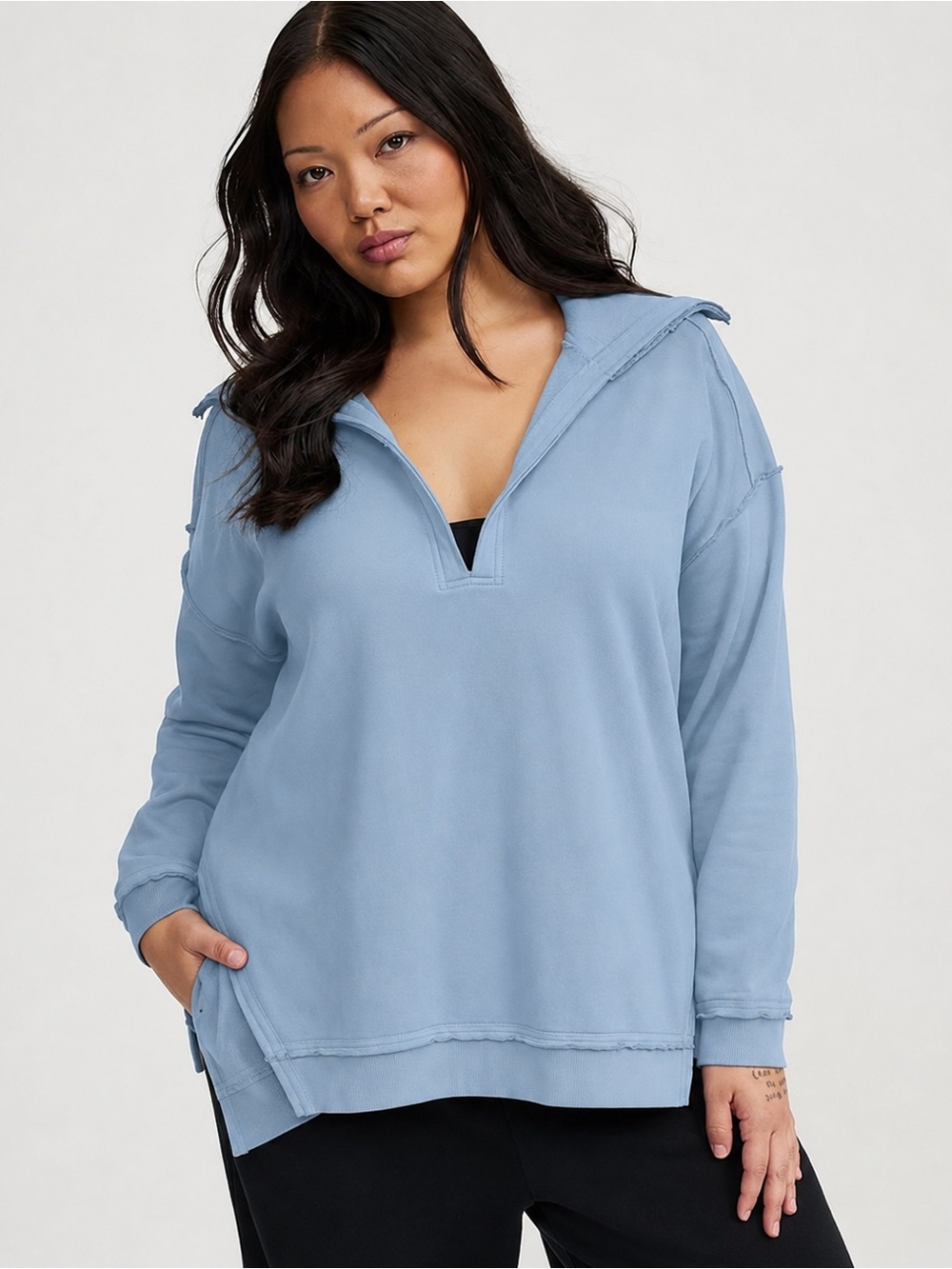 Torrid Blue Fleece V-Neck Sweatshirt Size 00 (M/10)